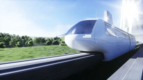 Futuristic sci fi monorail train. Concept of future. Futuristic city background Vídeo Stock 132734254