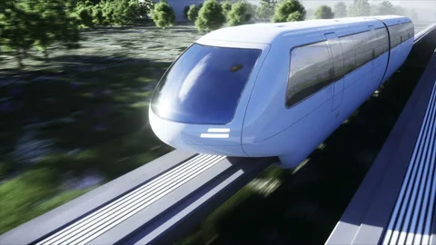 Futuristic sci fi monorail train. Concept of future. Futuristic city background Vídeo Stock 132734519