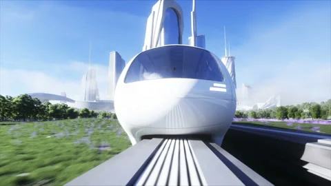 Futuristic sci fi monorail train. Concept of future. Futuristic city background Vídeo Stock 132735069