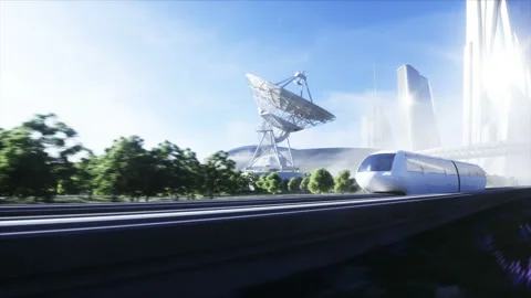 Futuristic sci fi monorail train. Concept of future. Futuristic city background Vídeo Stock 132735169