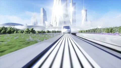 Futuristic sci fi monorail train. Concept of future. Futuristic city background Vídeo Stock 132735971