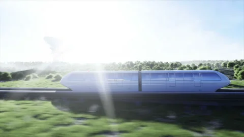 Futuristic sci fi monorail train. Concept of future. Futuristic city background Vídeo Stock 132737606