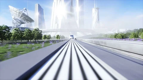 Futuristic sci fi monorail train. Concept of future. Futuristic city background Vídeo Stock 132738802