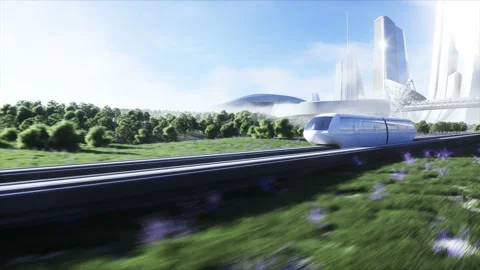 Futuristic sci fi monorail train. Concept of future. Futuristic city background Vídeo Stock 132739720