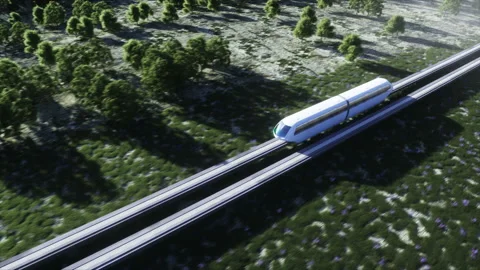 Futuristic sci fi monorail train. Concept of future. Futuristic city background Vídeo Stock 132741891