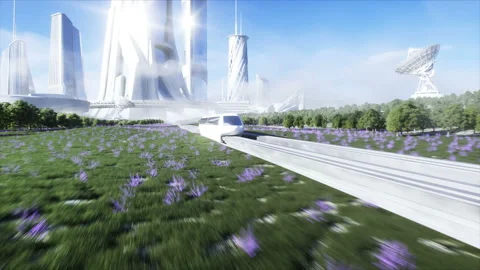 Futuristic sci fi monorail train. Concept of future. Futuristic city background Vídeo Stock 132742534