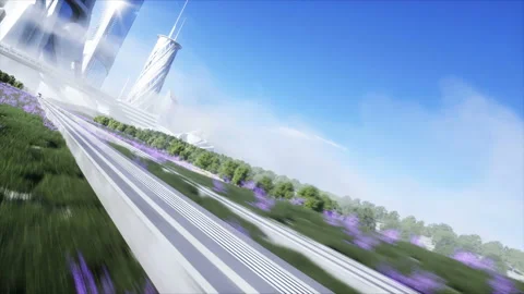 Futuristic sci fi monorail train. Concept of future. Futuristic city background Vídeo Stock 132742624