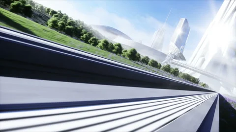 Futuristic sci fi monorail train. Concept of future. Futuristic city background Vídeo Stock 132743057