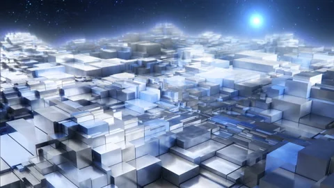 Futuristic Sci-Fi Moving Geometric Shiny Metal Cube Planet Surface Stock Footage 130381603