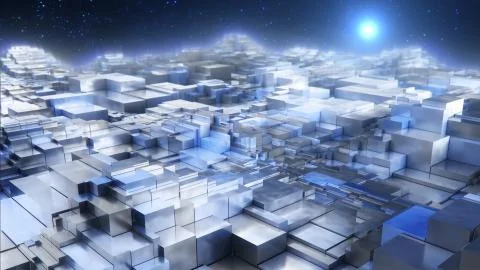 Futuristic Sci-Fi Moving Geometric Shiny Metal Cube Planet Surface Stock Illustration