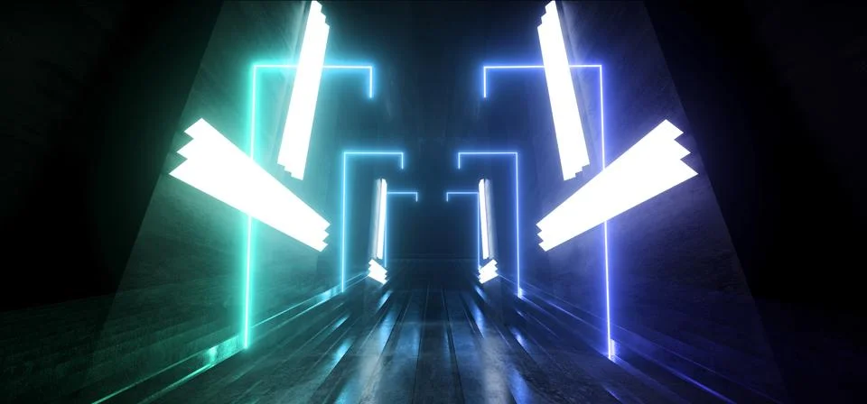 Futuristic Sci Fi Neon Blue Green Glowing Shutter Like Rectangle Frame Light  Stock Illustration