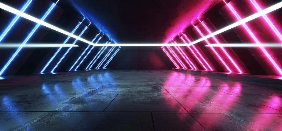 Futuristic Sci Fi Neon Lights Concrete Grunge Corridor Hall Gallery Studio Vi Stock-Illustration