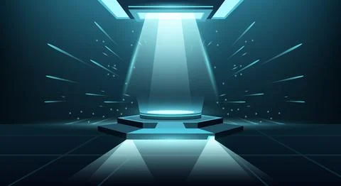 Futuristic sci fi podium background bright blue spotlight beaming down from.. Illustrazione stock