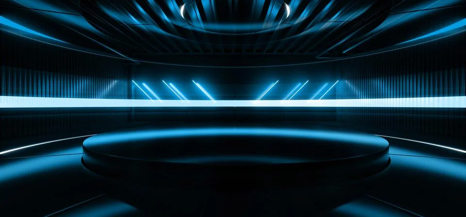 Futuristic Sci Fi Podium Stage Circle Spaceship Catwalk Showcase Laser Neon B Stock Illustration
