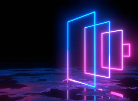 Futuristic Sci Fi Rectangle Purple And Blue Neon Glowing Lights In Empty Dark Stockillustratie