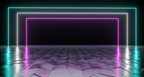 Futuristic Sci-Fi Rectangle Shaped Neon Tube Vibrant Purple And Blue Glowing  Illustrazione stock