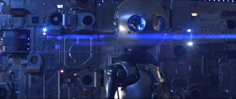 Futuristic Sci-Fi Robot in Space Ship Looks at Camera Stock Footage 134752140