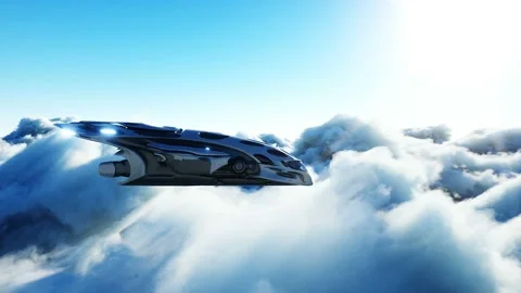 Futuristic sci fi ship flying in the clouds. Realistic 4k animation. Vidéo 145922906