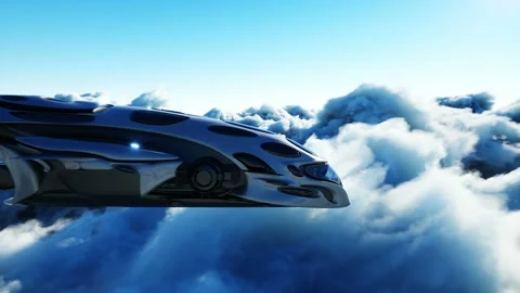 Futuristic sci fi ship flying in the clouds. Realistic 4k animation. Stock Footage 145923191