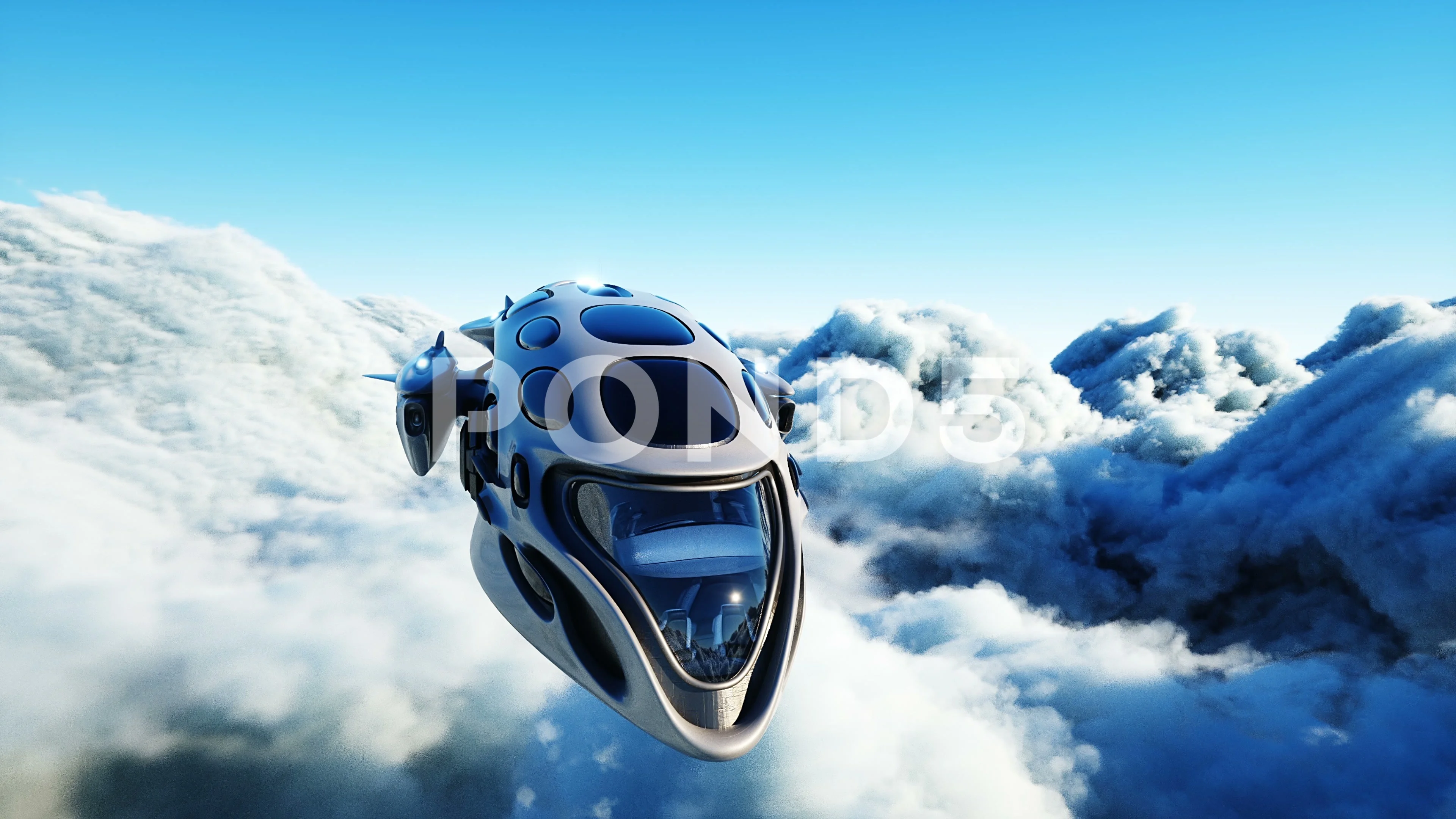 Futuristic sci fi ship flying in the clo... | Stock Video | Pond5