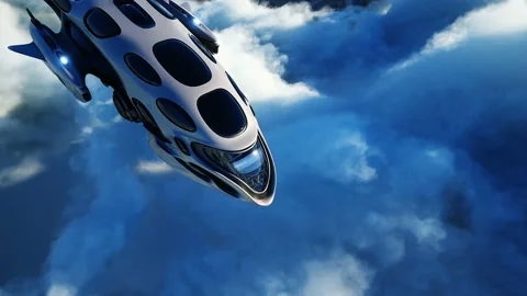 Futuristic sci fi ship flying in the clouds. Realistic 4k animation. Stock Footage 145923409