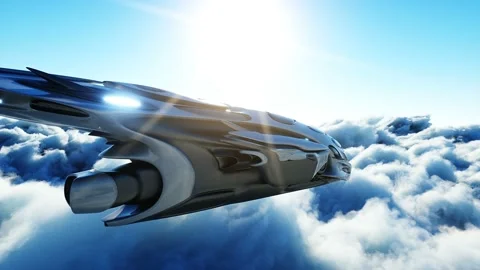 Futuristic sci fi ship flying in the clouds. Realistic 4k animation. Vidéo 145923443