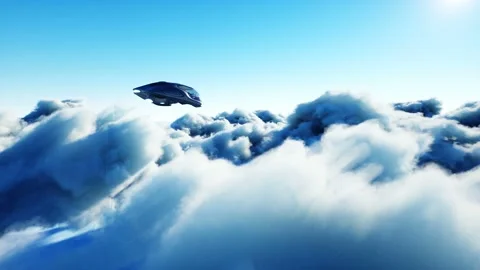 Futuristic sci fi ship flying in the clouds. Realistic 4k animation. Stock Footage 145923983