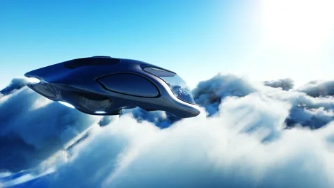 Futuristic sci fi ship flying in the clouds. Realistic 4k animation. 動画素材 145923996