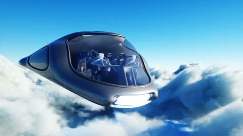 Futuristic sci fi ship flying in the clouds. Realistic 4k animation. Vídeos de archivo 145924101