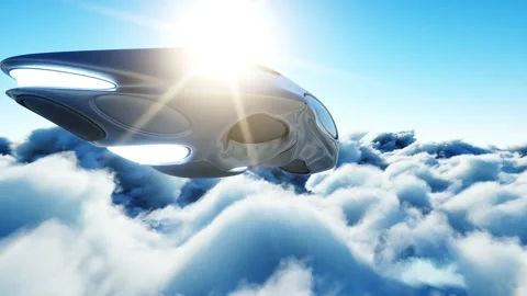 Futuristic sci fi ship flying in the clouds. Realistic 4k animation. Stockbeeldmateriaal 145924465