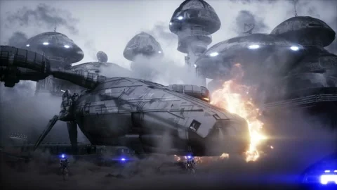 Futuristic sci fi ship take wing. Military robot. Apocalypse city. Realistc dust Stock Footage 145917174