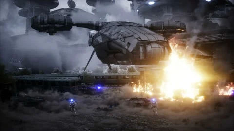 Futuristic sci fi ship take wing. Military robot. Apocalypse city. Realistc dust Stockbeeldmateriaal 145917196