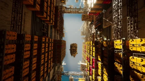 Futuristic Sci Fi Ships Flying Through a Modern Large Retail Warehouse Building Stock Footage 220918902