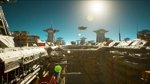 Futuristic Sci Fi Ships Flying Through a Military War Trading Base. Realistic 4k Stock Footage 220918995
