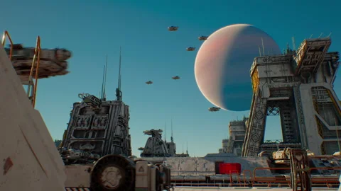 Futuristic Sci Fi Ships Flying Through a Military War Base. Realistic 4k Stock Footage 222061238
