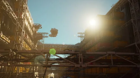 Futuristic Sci Fi Ships Flying Through a Military War Base. Realistic 4k Stock Footage 222715106