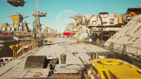 Futuristic Sci Fi Ships Flying Through a Military War Base. Realistic 4k Stock Footage 222715260