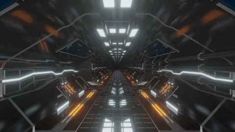 Futuristic sci fi space corridor 3d rendering illustration background Stock Illustration