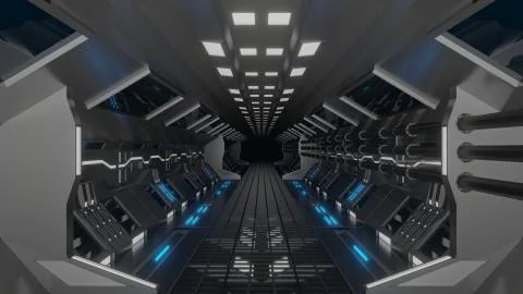 Futuristic sci fi space corridor 3d rendering illustration background Stock Illustration