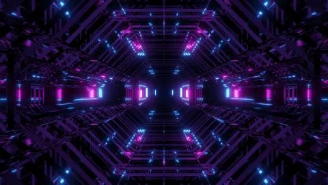 Futuristic sci-fi space glass hangar tunnel corridor with wireframe 3d Illustrazione stock