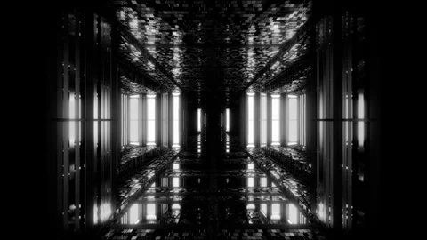 Futuristic sci-fi space hangar tunnel corridor with reflective bricks texture 3d Video stock 119423128