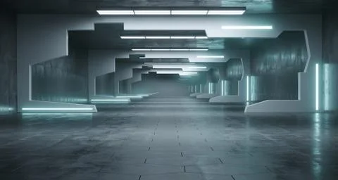 Futuristic Sci-Fi Space Ship Corridor With Blue Led Lights And Conrete Hexago Ilustración de archivo