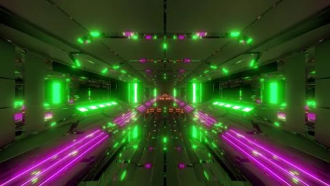 Futuristic sci-fi space ship air hangar tunnel with glass windows 3d rendering Stock Illustration