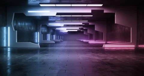 Futuristic Sci-Fi Space Ship Corridor With Blue Led Lights And Conrete Hexago Ilustración de archivo