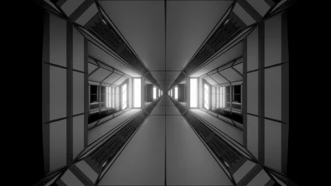 Futuristic sci-fi space tunnel corridor with glowing lights and glass windows 3d Stock Footage 119414473