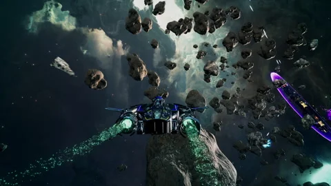 Futuristic sci-fi spaceship avoiding huge asteroids in a computer simulator Stock Footage 304716067