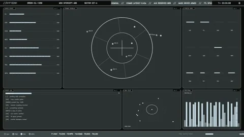 Futuristic sci fi spaceship cockpit HUD interface with tactical radar telemetry Stock Footage 334637921