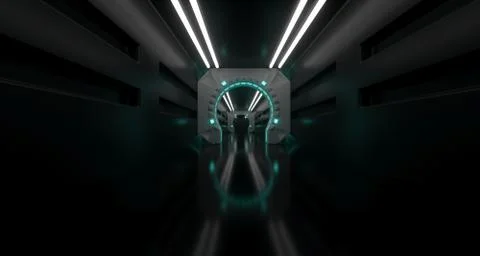 Futuristic Sci-Fi Spaceship Corridor With Lighted Abstract Round Elements 3D  Stock Illustration