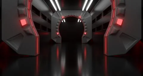 Futuristic Sci-Fi Spaceship Corridor With Lighted Abstract Round Elements 3D  Stock Illustration