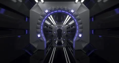 Futuristic Sci-Fi Spaceship Corridor With Lighted Abstract Round Elements 3D  Stock Illustration